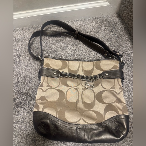 Coach Signature Jacquard Brown Leather Chain Shoulder Bag F10730 - Picture 1 of 16